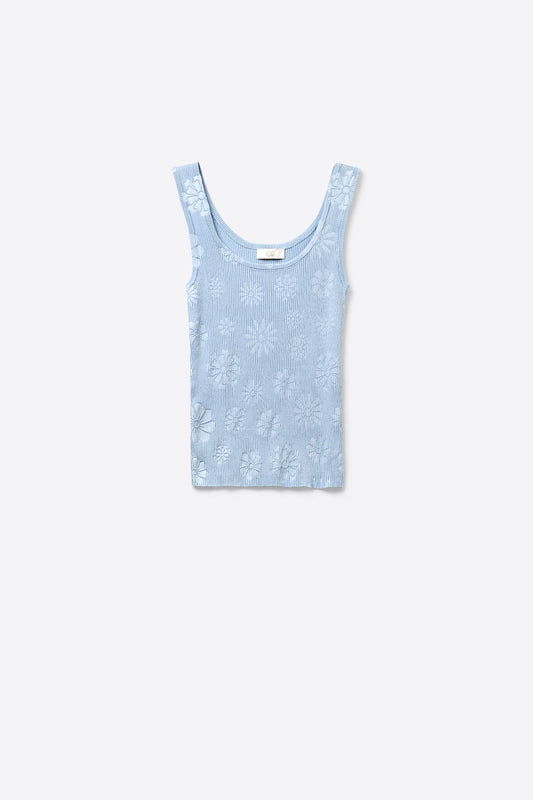 Q2 Light Blue Ribbed Knit Floral Tank Top