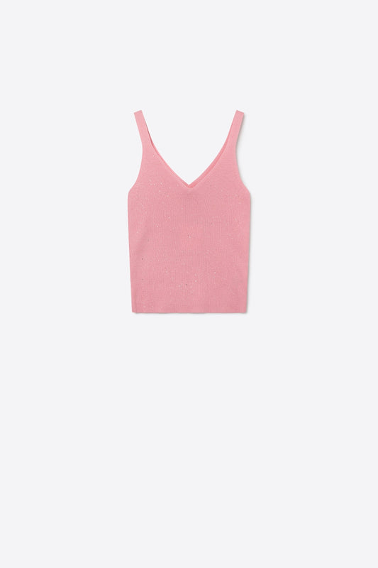 Q2 Débardeur court à col en V en tricot côtelé rose pailleté