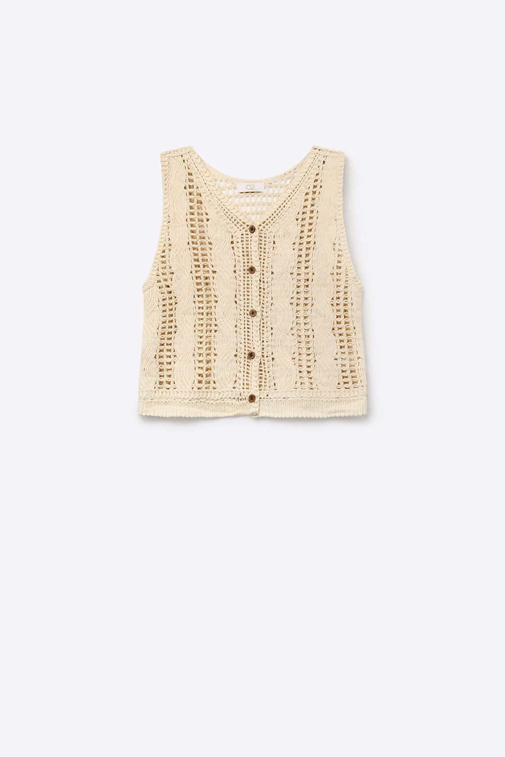 Débardeur court beige en maille torsadée avec boutons sur le devant