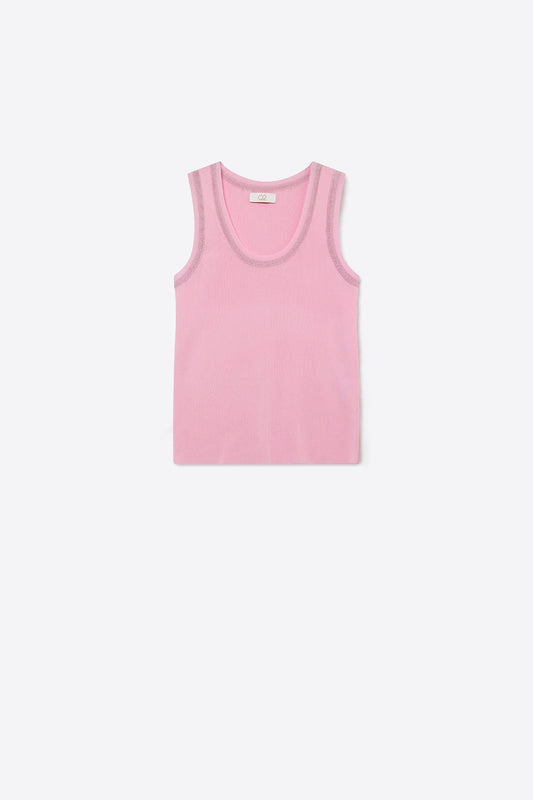 Q2 Débardeur en tricot côtelé rose avec bordures métalliques contrastées