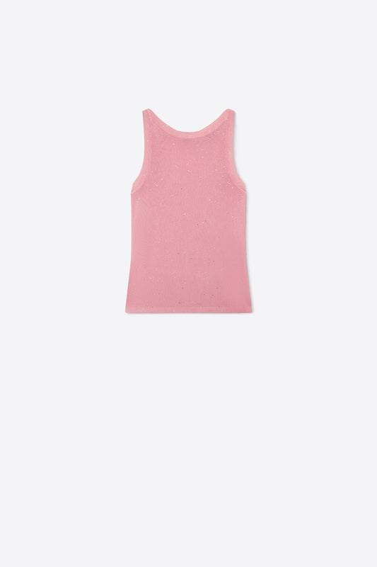 Q2 Débardeur sans manches à coupe régulière en tricot côtelé rose avec paillettes