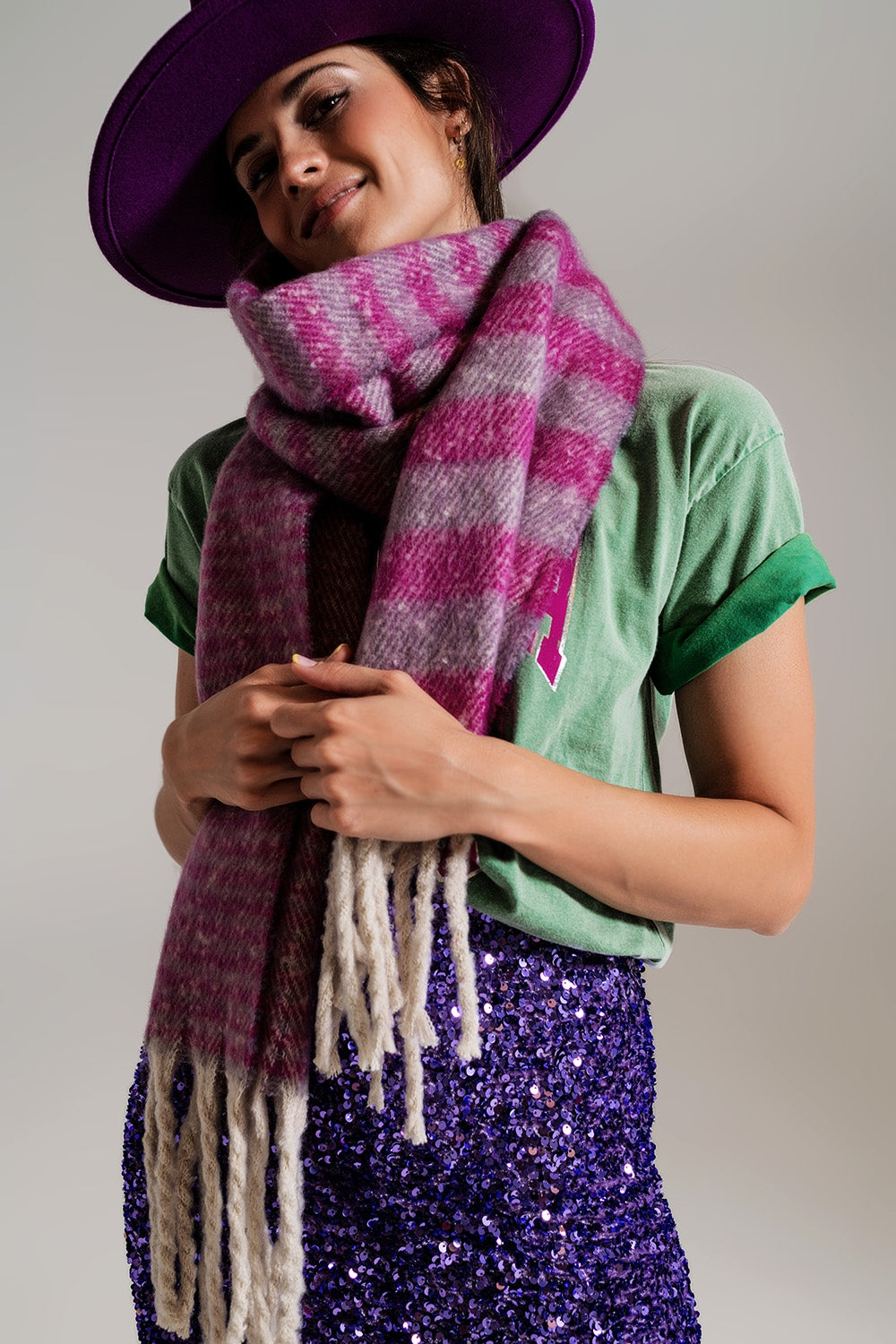 Écharpe épaisse à rayures en lilas et violet