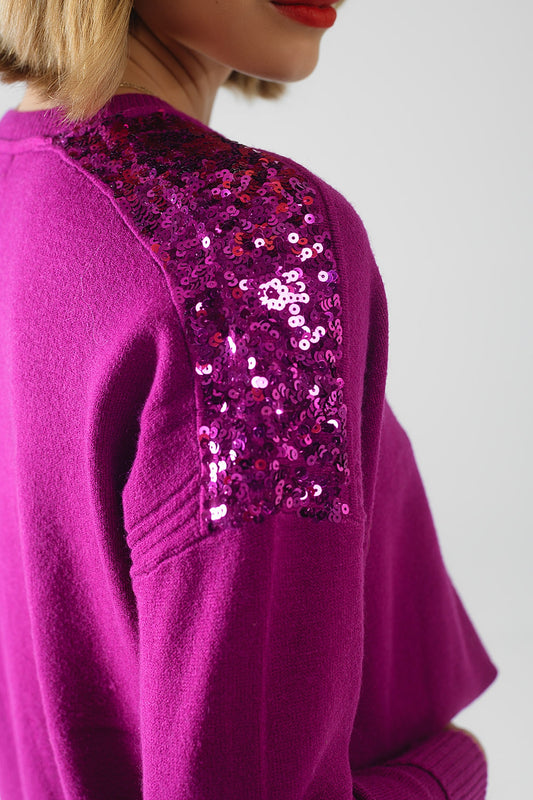 Q2 fuchsia Pull à manches longues avec paillettes sur les épaules