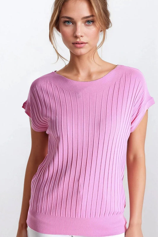 Q2 Fucshia fine Pull tricoté en côtes avec col bateau