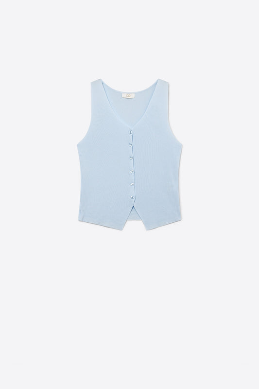 Q2 Gilet à boutons sans manches en tricot côtelé bleu clair