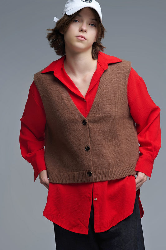 Q2 Gilet court en tricot marron chocolat