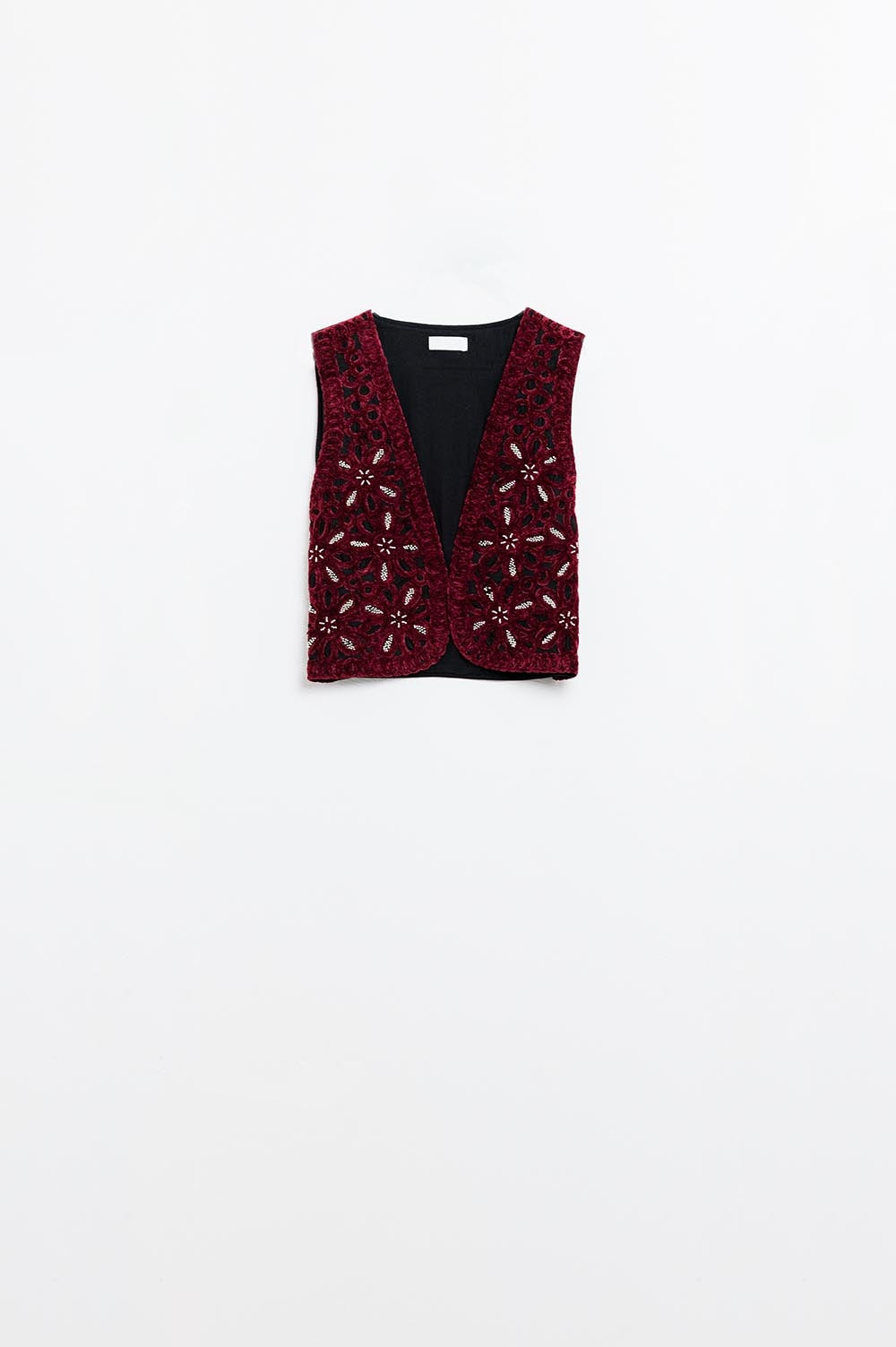 Q2 Gilet court en velours brodé de perles bordeaux