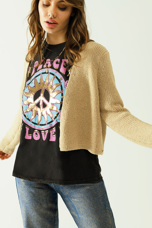 Q2 Gilet court ouvert en tricot beige à manches longues
