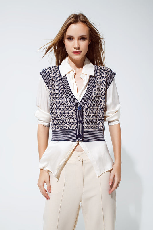 Q2 Gilet croisé en tricot avec bordures en côtes en bleu