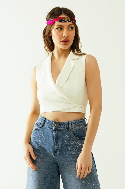 Q2 Gilet croisé enveloppé à revers échancrés en blanc