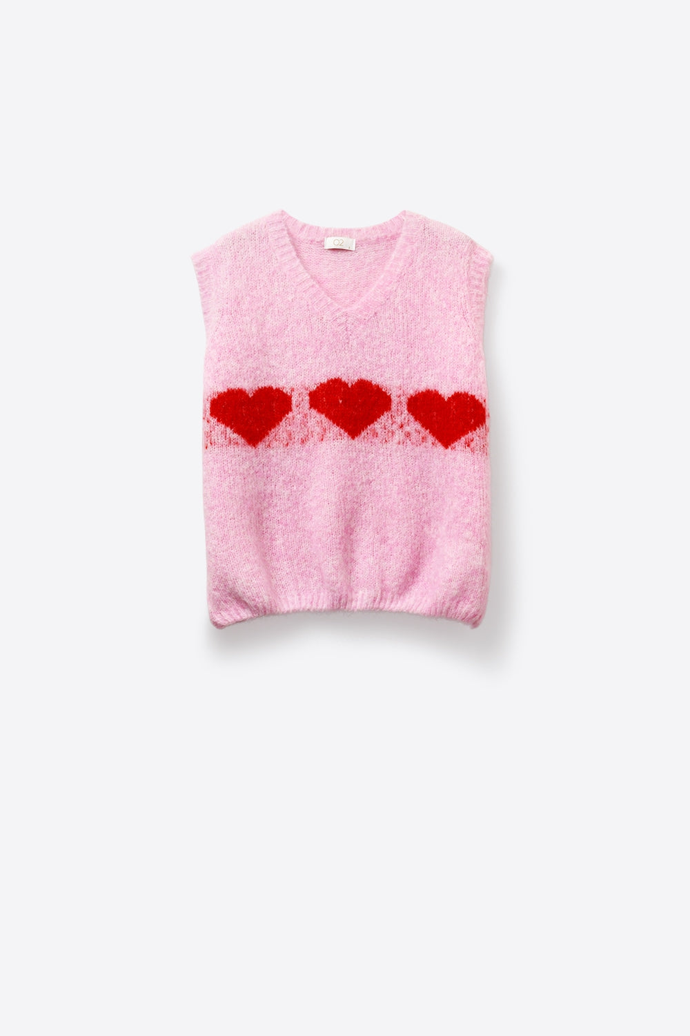 Gilet décontracté en tricot rose duveteux avec motif en forme de cœur