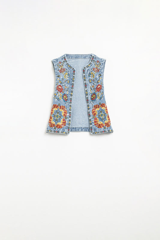 Q2 Gilet en denim avec broderie florale