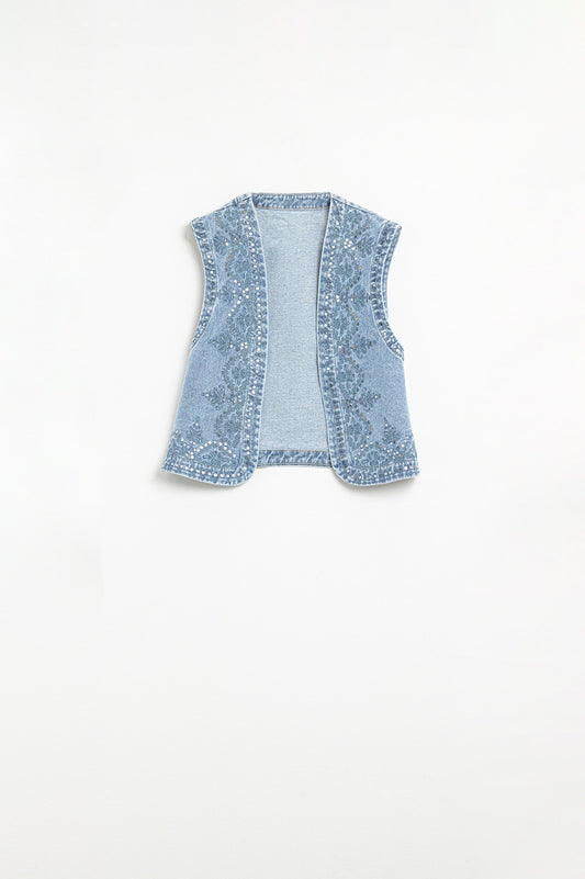 Q2 Gilet en denim avec motif à paillettes