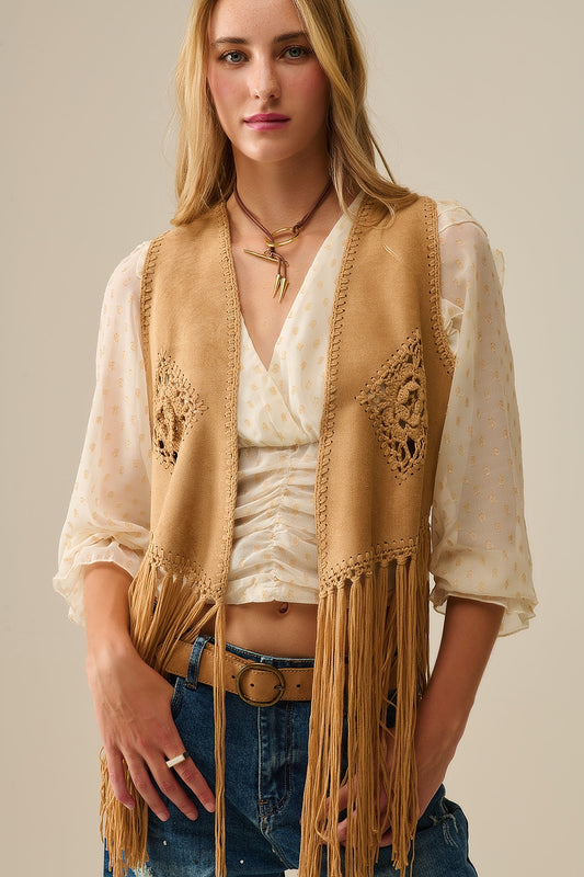 Q2 Gilet en faux daim à franges style cowgirl en camel