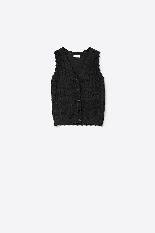 Q2 Gilet en Maille Pointelle avec Bords Festonnés en Noir