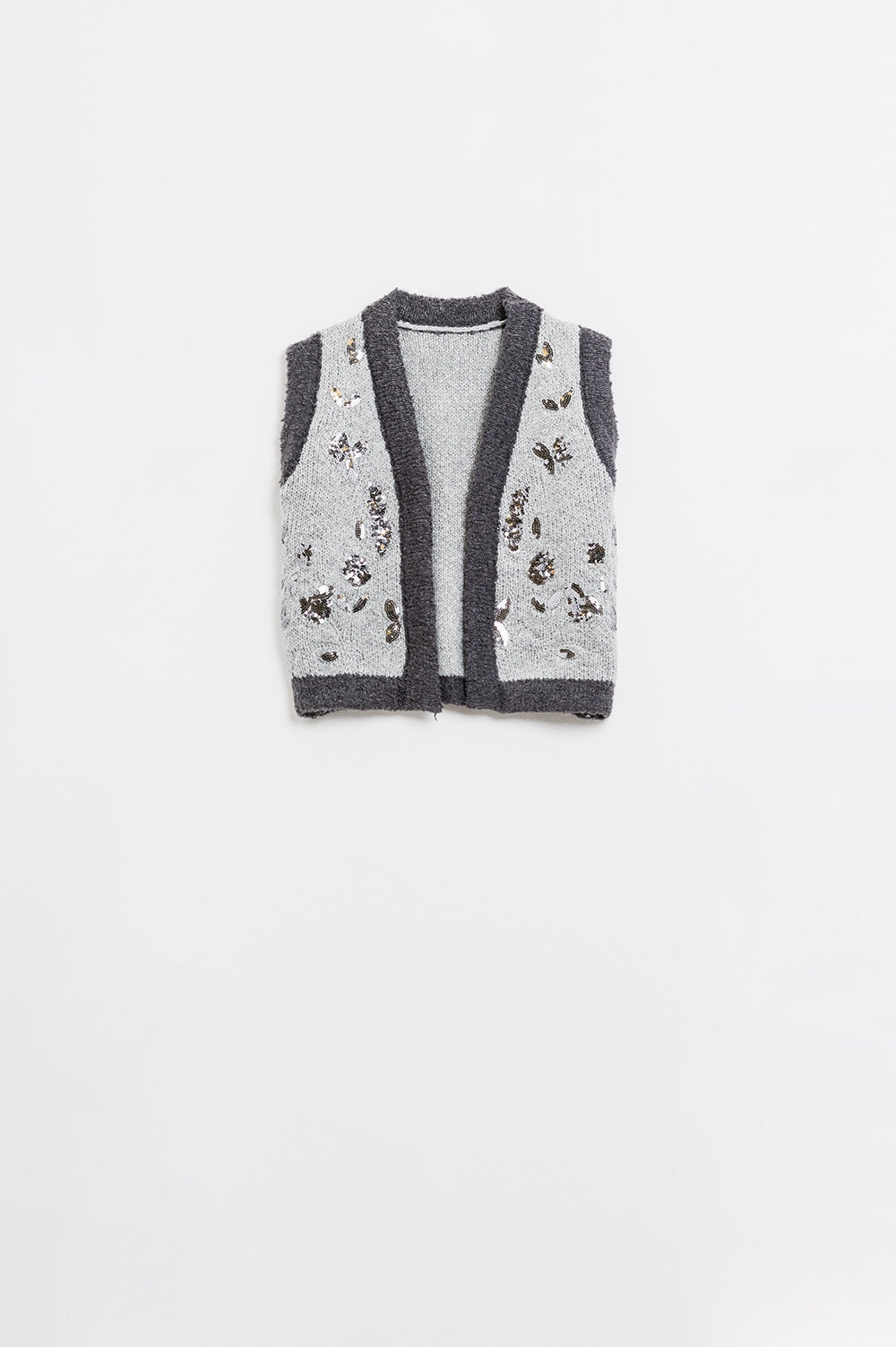 Q2 Gilet en tricot brodé de fleurs en gris