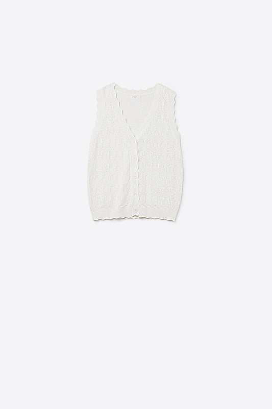 Q2 Gilet en Tricot Pointelle avec Bords Festonnés en Blanc