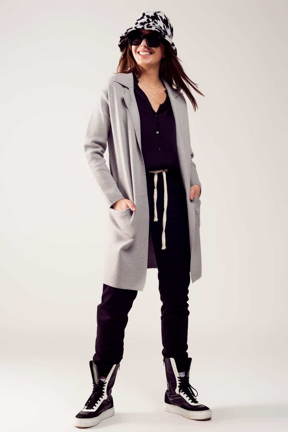 Gilet long avec col oversize gris