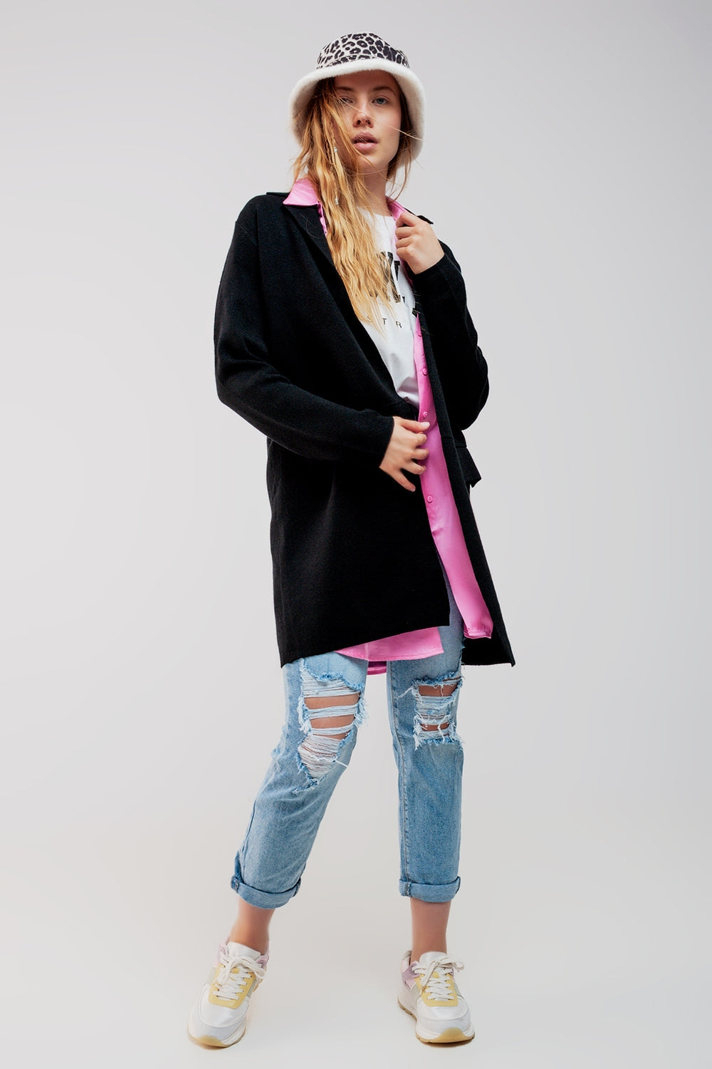 Gilet long avec col oversize noir