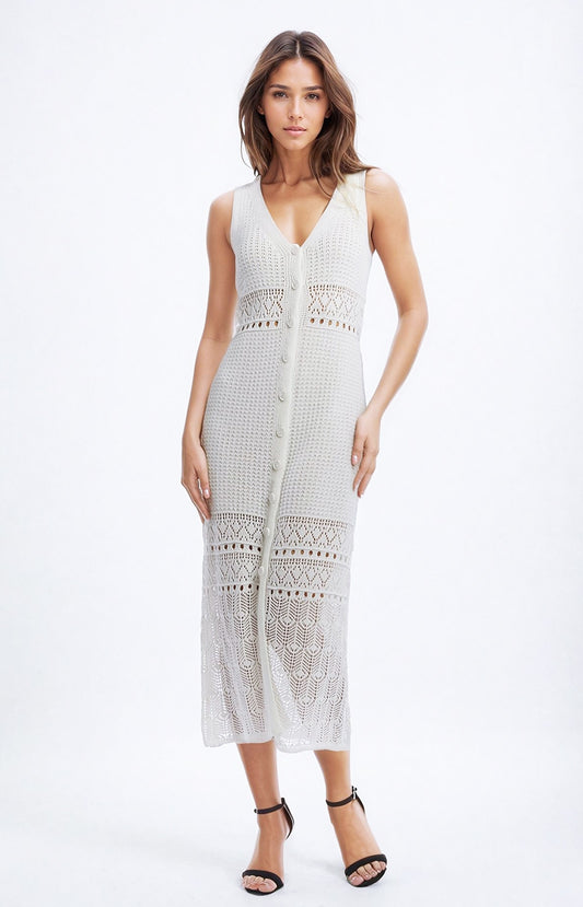 Q2 Gilet long en crochet avec fermeture à boutons en blanc
