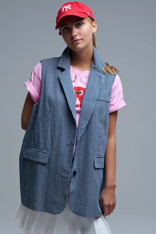 Q2 Gilet long rayé à col châle en bleu et blanc