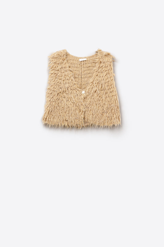 Q2 Gilet luxueux avec texture beige à poils longs