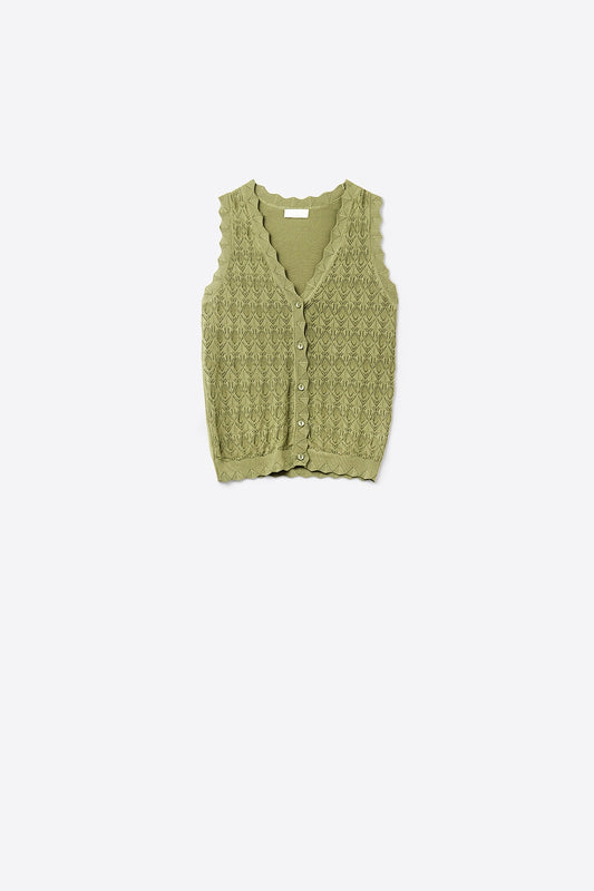 Q2 Gilet sans manches boutonné en kaki avec motif abstrait