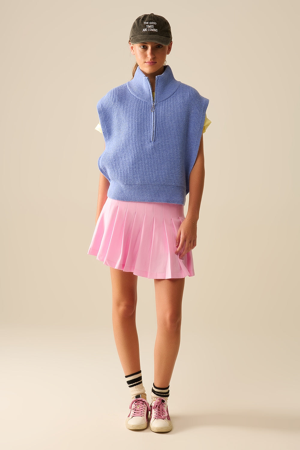 Gilet Tricoté avec Col Cheminée à Demi-Zip et Grandes Emmanchures en Bleu