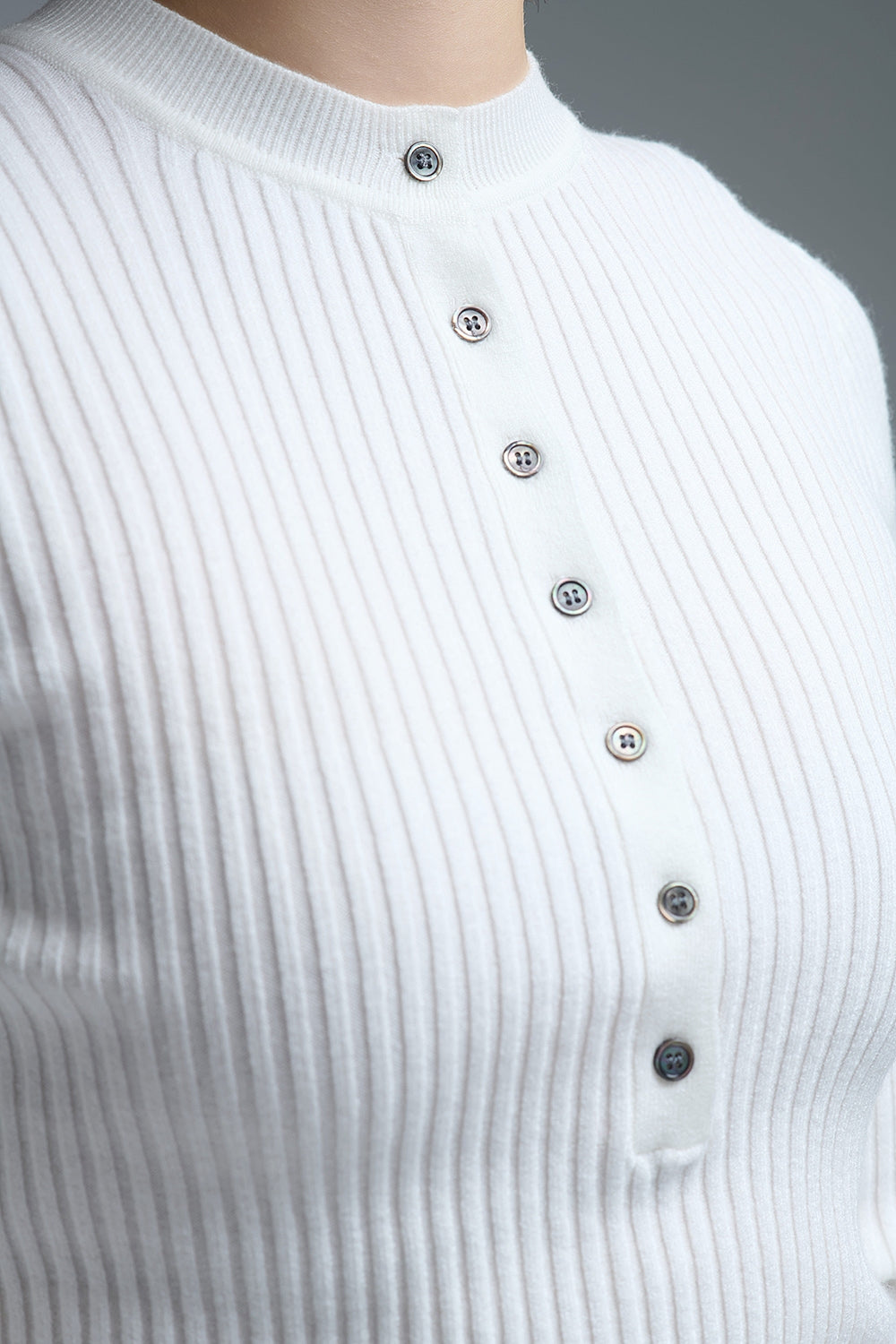 henley Long Sleeve Ribbed Sweater in White