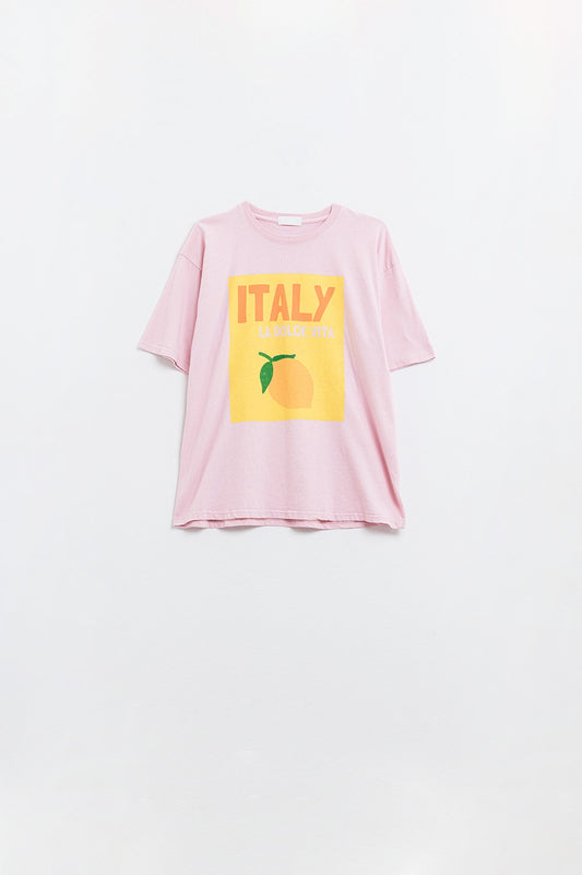 Q2 Italie La Dolce Vita T-shirt rose avec impression graphique