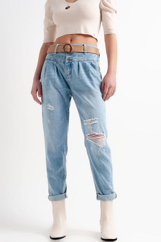 Q2 Jean à entrejambe bas en bleu délavé clair vintage avec déchirures