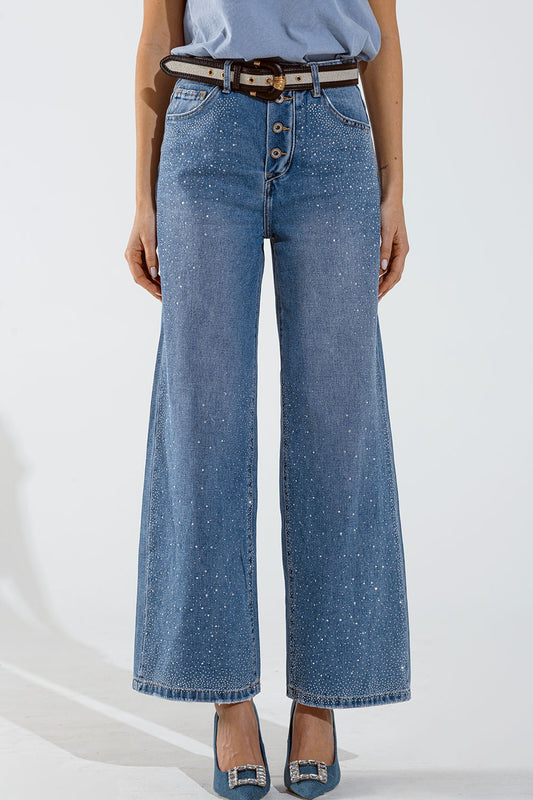 Q2 Jean à jambe large avec boutons apparents et détails de stras délavage moyen
