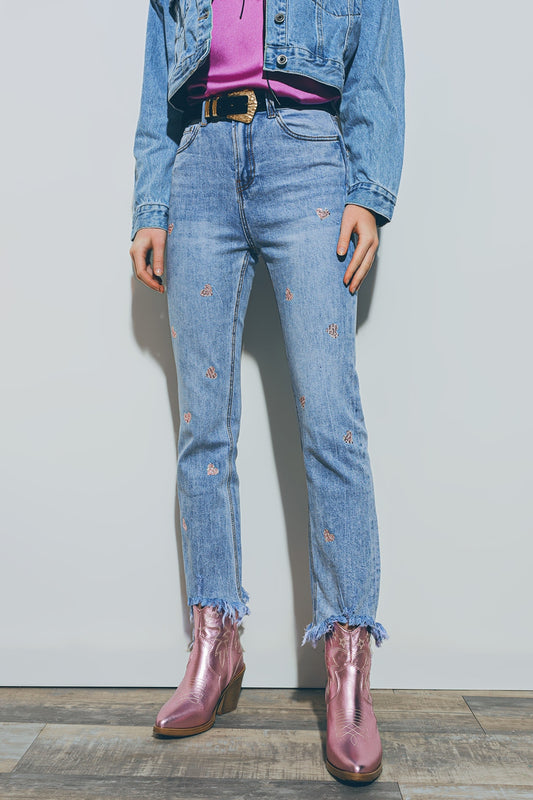 Q2 Jean à ourlet déchiré avec embellissement en forme de cœur en Moyen Wash