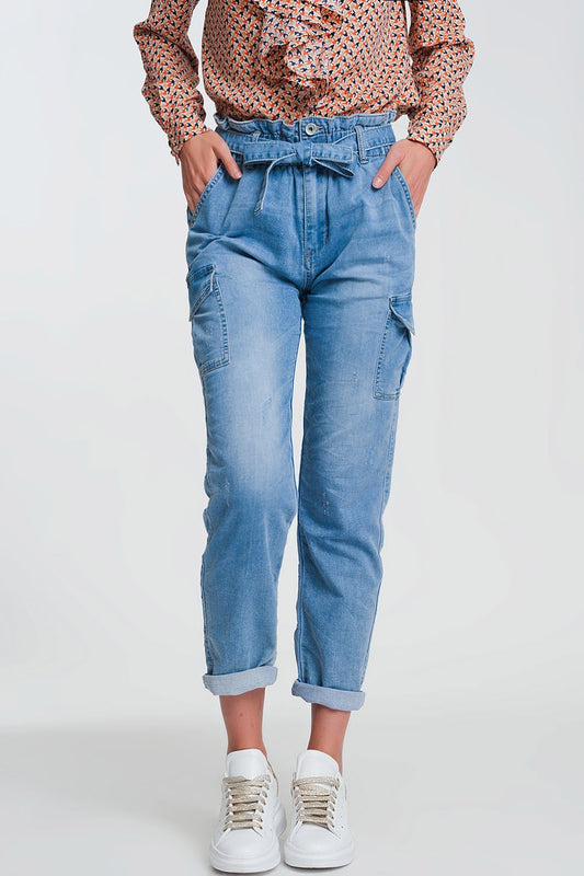 Q2 Jean à taille haute froncée Bleu clair