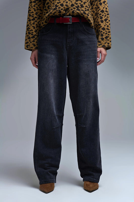 Q2 Jean Barrel en denim noir délavé