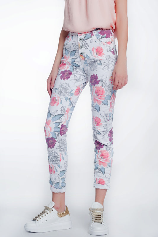 Q2 jean boyfriend blanc à imprimé floral