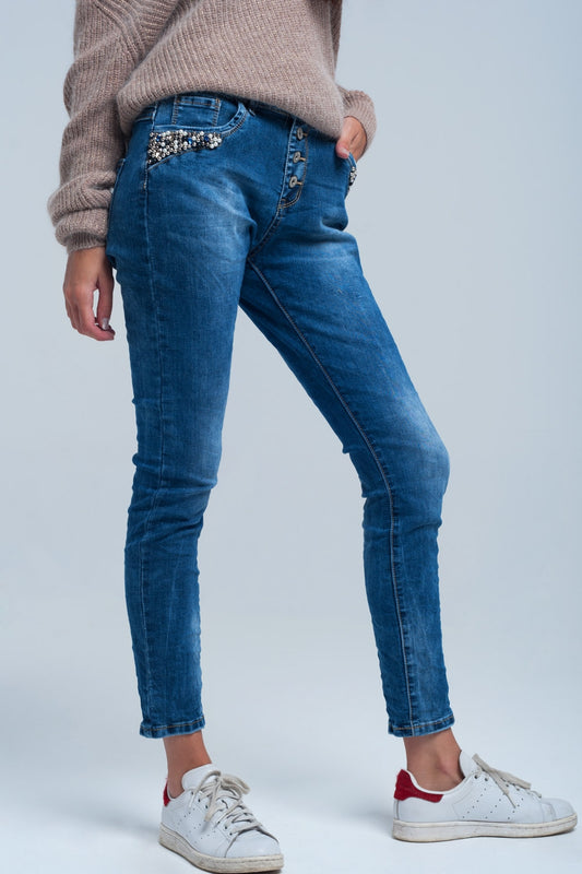 Q2 Jean boyfriend bleu à perles