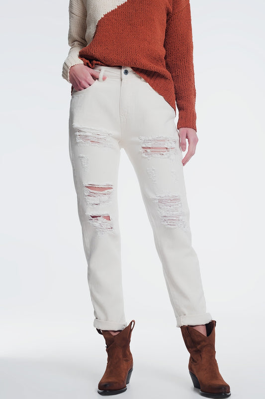 Q2 Jean boyfriend déchiré en beige
