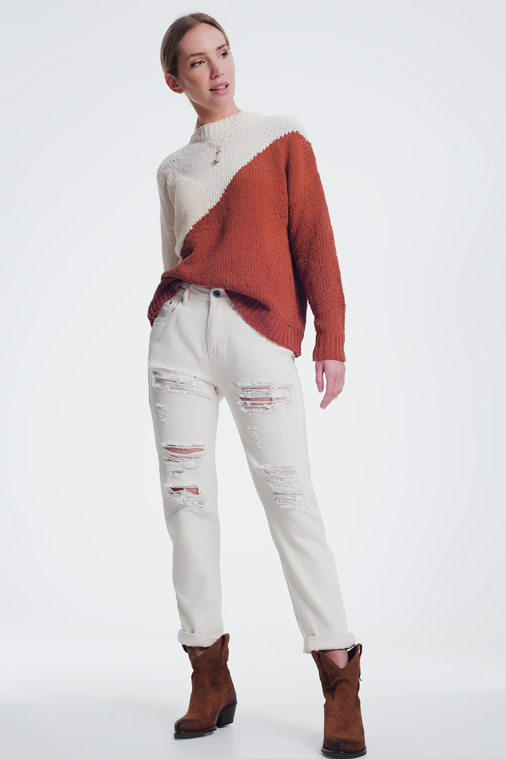 Jean boyfriend déchiré en beige