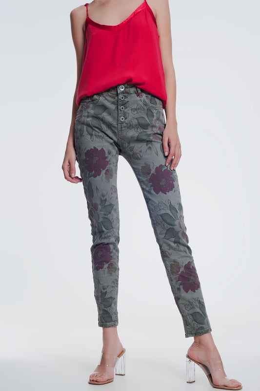 Q2 jean boyfriend kaki à imprimé floral