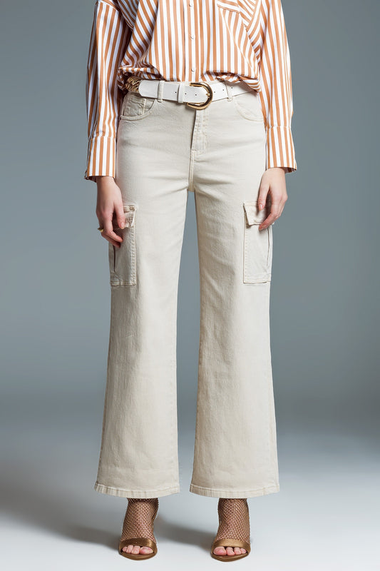 Q2 Jean cargo à jambe droite en beige