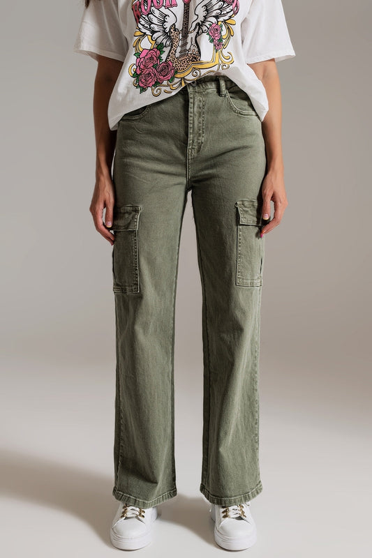 Q2 Jean cargo à jambe droite en vert olive