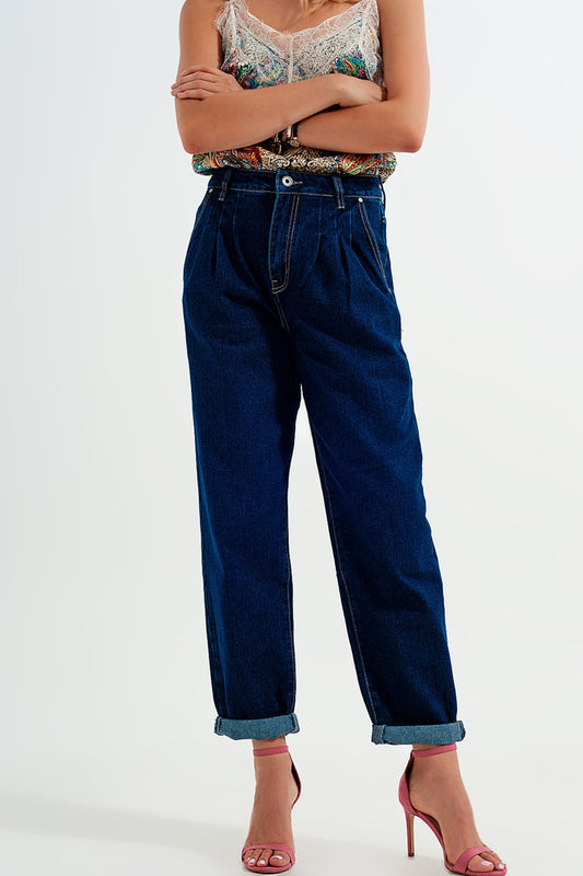 Q2 Jean coupe décontractée à plis sifflants bleu foncé