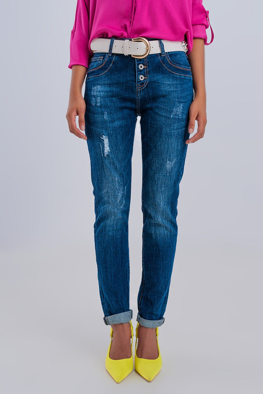 Q2 Jean droit à boutons apparents bleu foncé