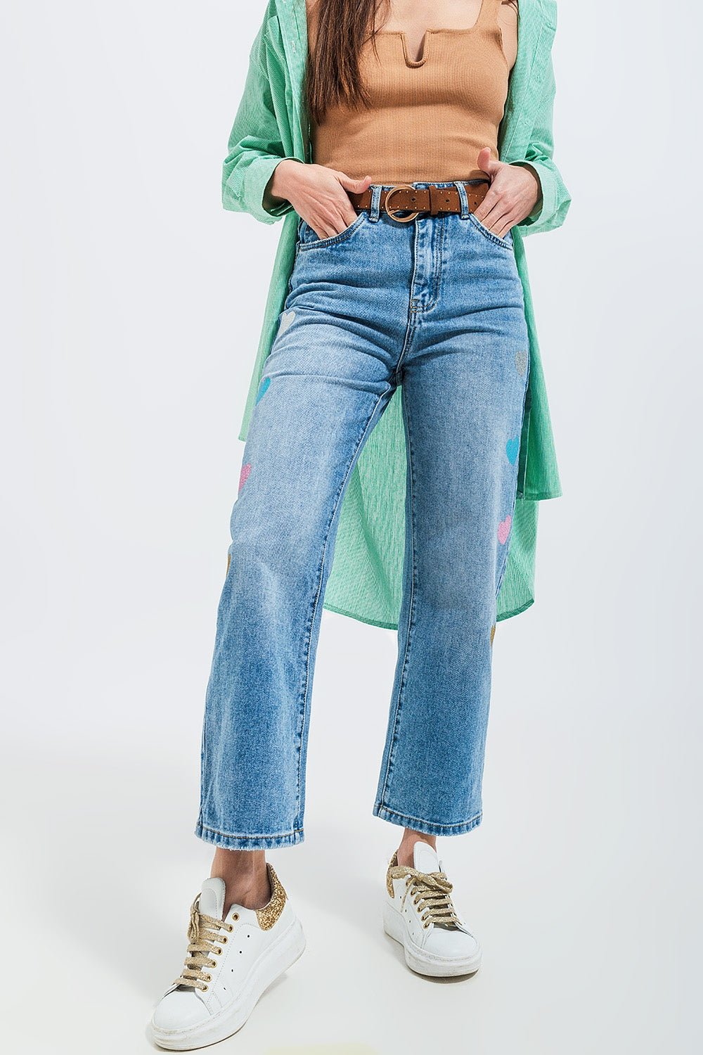 Jean droit d'ensemble à taille haute avec imprimé cœur Bleu moyen