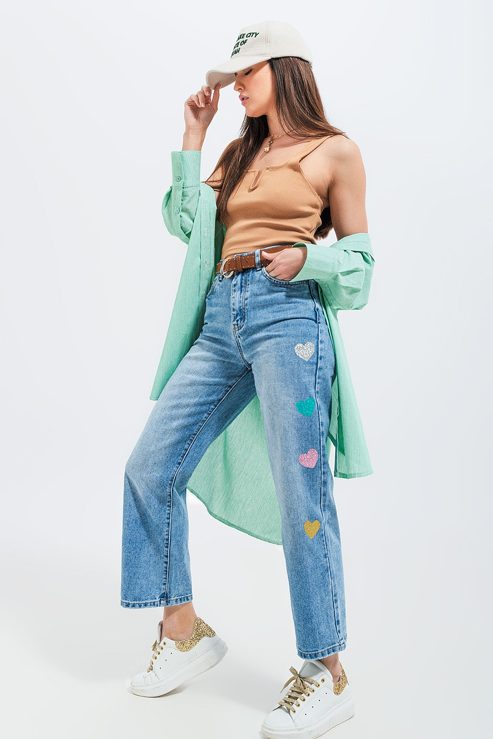 Jean droit d'ensemble à taille haute avec imprimé cœur Bleu moyen