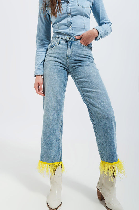 Q2 Jean droit d'ensemble avec ourlet à plumes jaunes synthétiques
