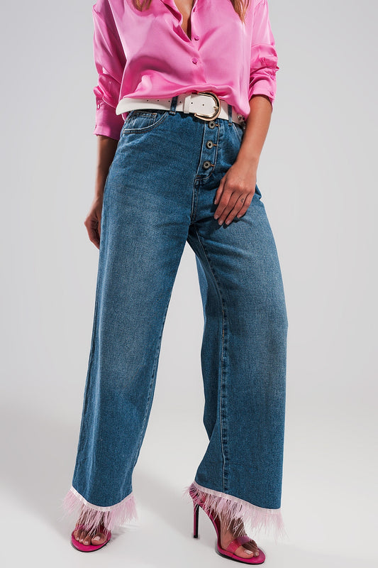 Q2 Jean droit d'ensemble avec ourlet à plumes ROSE synthétiques