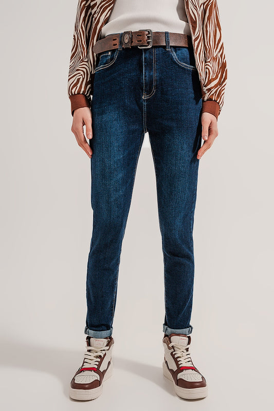 Q2 Jean droit en coton mélangé Bleu moyen