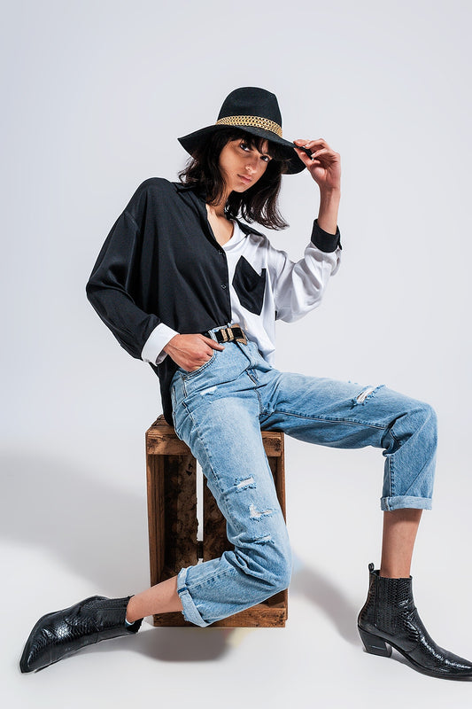 Q2 Jean droit en denim effet usé Bleu moyen
